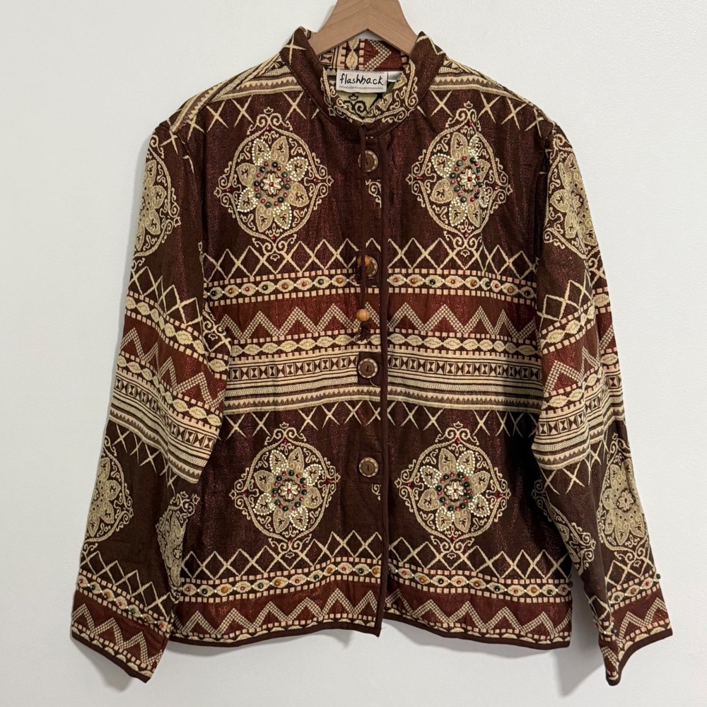 Flashback Tapestry Jacket Women 1X Brown Beaded Boho Artsy Embellished Lagenlook